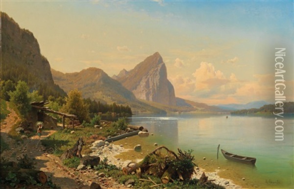 Scene On Mondsee Near Scharfling With View Of The Drachenwand Oil Painting - Adolf Chwala