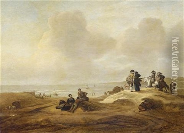 Fisherfolk And Elegant Figures In A Dune Landscape (scheveningen?), A Coastal Inlet Beyond Oil Painting - Jacob Esselens