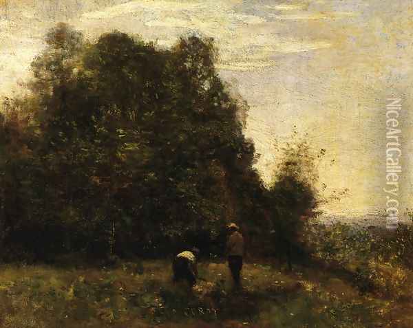 Two Figures - Working in the Fields Oil Painting - Jean-Baptiste-Camille Corot