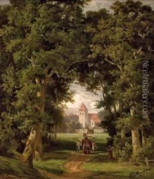 Waldlichtung Mit Alter Kirche Und Kirchgangern Oil Painting - Ernst Von Bernuth
