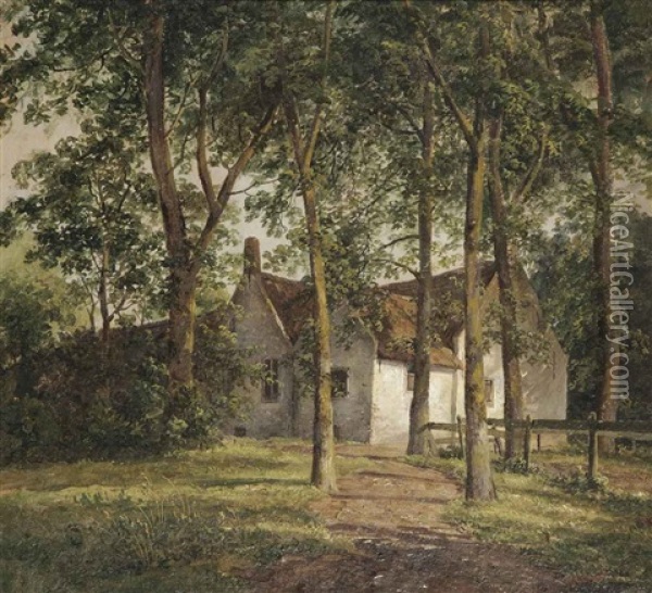 A Farmhouse Under The Trees Oil Painting - Andreas Schelfhout