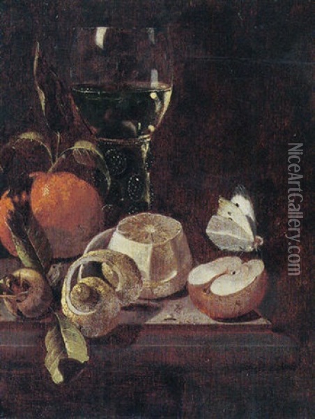 Still Life Of A Roemer, An Orange, Lemon, A Medlar, An Apple And A Cabbage White Butterfly, Upon A Stone Ledge Oil Painting - Martinus Nellius