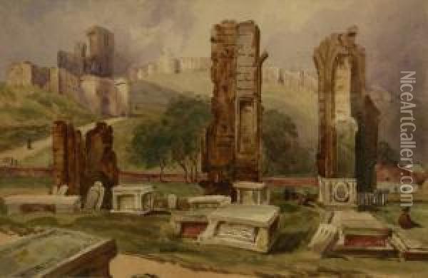 St. Mary's Churchyard With The Castle In Background Oil Painting - Joseph Newington Carter