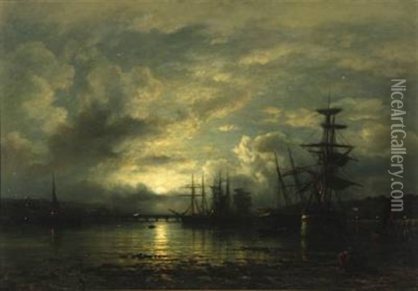 In The Port Of Teignmouth, Moonlight Scene From Devon Oil Painting - Wilhelm Ferdinand Xylander