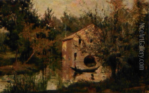 Fransk Landskab Med Hus Ved En Flod Oil Painting - Henry Eugene Delacroix