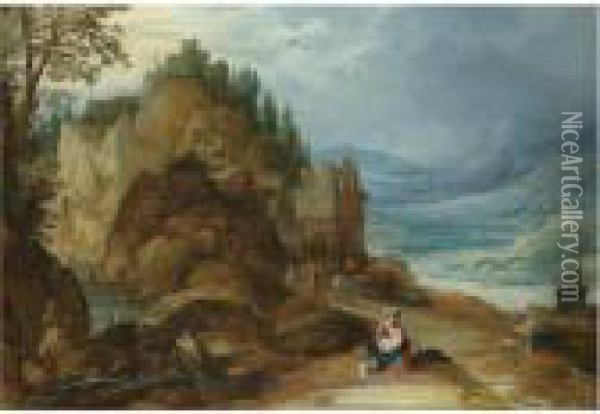 A Mountainous River Landscape With The Rest On The Flight Into Egypt Oil Painting - Joos De Momper