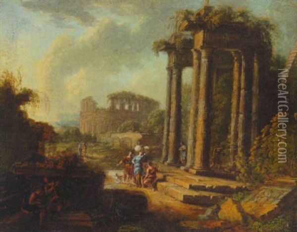An Arcadian Landscape With Travellers Resting Before A Ruined Archway Oil Painting - Pierre Patel