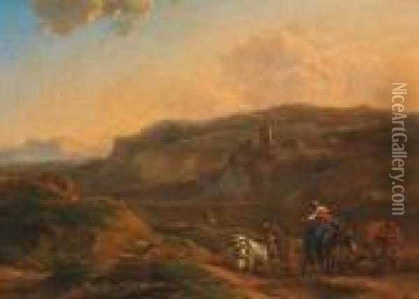 Paesaggio Fluviale Con Mucche Ed Una Pastorella Su Un Sentiero Oil Painting - Nicolaes Berchem