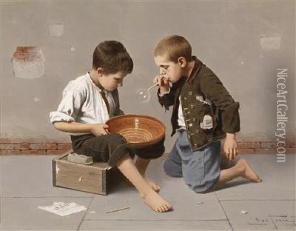 Children Blowing Bubbles Oil Painting - Giulio Del Torre