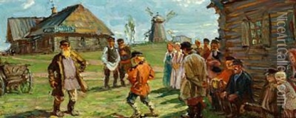 A Village Scene Oil Painting - Michail Vasilievitch Boskin