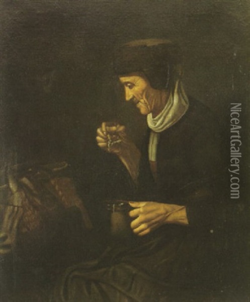 An Old Woman Drinking Soup In An Interior Oil Painting - Nicolaes Maes