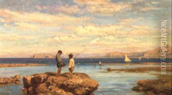 Pesca Sugli Scogli Con Veduta Sullo Sfondo Del Monte Pellegrino Oil Painting - Francesco (Luigi) Lojacono