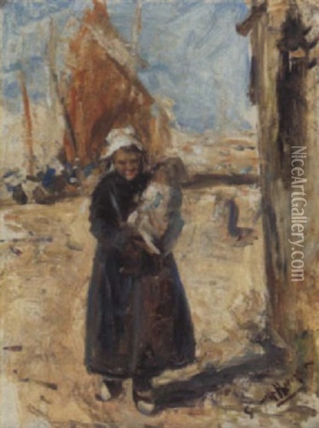 Mother And Child On A Dutch Quay Oil Painting - Robert Gemmell Hutchison