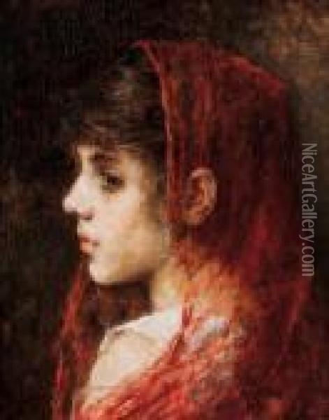 Portrait Of A Young Girl With A Red Veil Oil Painting - Alexei Alexeivich Harlamoff