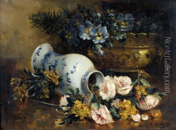 Stillleben Mit Gesturzter Porzellanvase Und Blumen Oil Painting - Eugene Henri Cauchois
