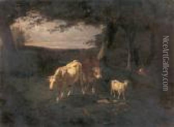 Cows In A Landscape Oil Painting - Filippo Palizzi