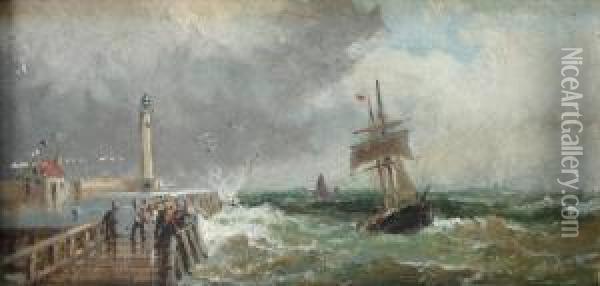 Fishing Boat Off A Pier In Rough Seas Oil Painting - Robert Ernest Roe