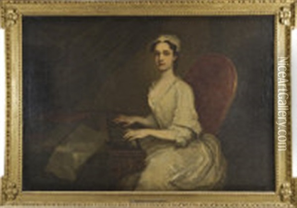 Portrait Of Theodosia Bligh, Countess Of Glandore, The Young Woman In A White Dress, Seated, Playing A Harpsicord, With Sheets Of Music Oil Painting - James Latham