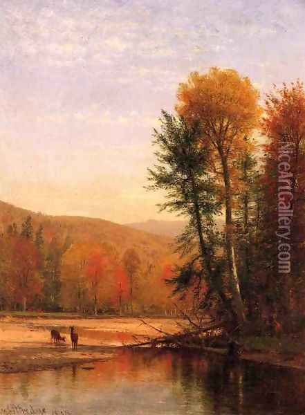 Deer in an Autumn Landscape Oil Painting - Thomas Worthington Whittredge