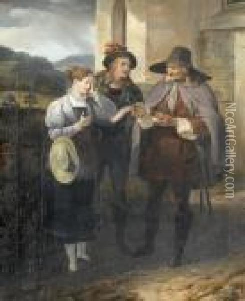Drei Personen An Einer Kirchenmauer. Oil Painting - Johann Georg Volmar