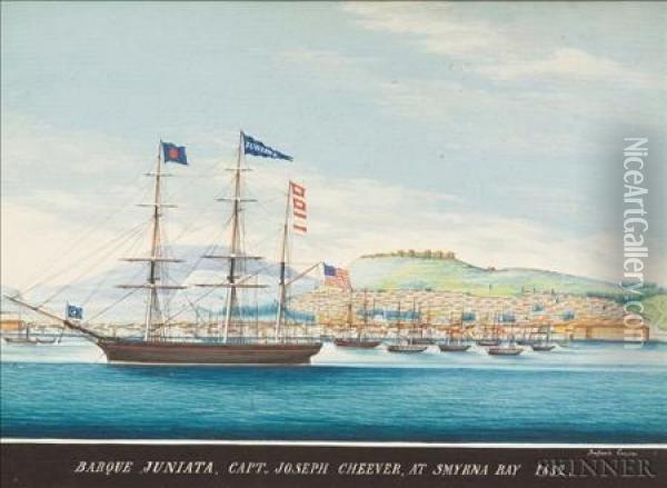 Barque Juniata, Capt., Joseph Cheever, At Smyrna Bay1852 Oil Painting - Raffael Corsini
