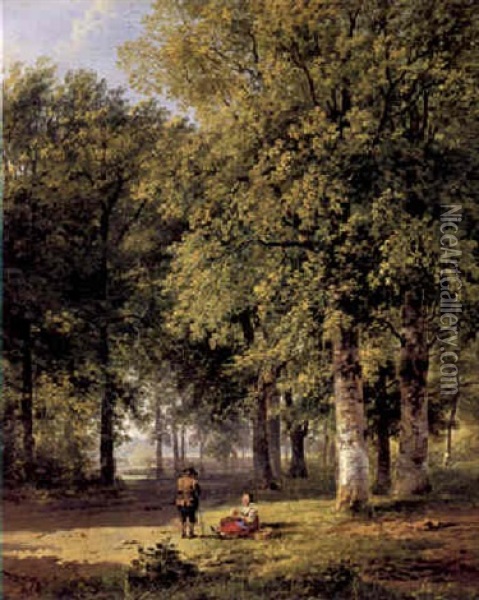 A Family Resting In The Woods Oil Painting - Barend Cornelis Koekkoek