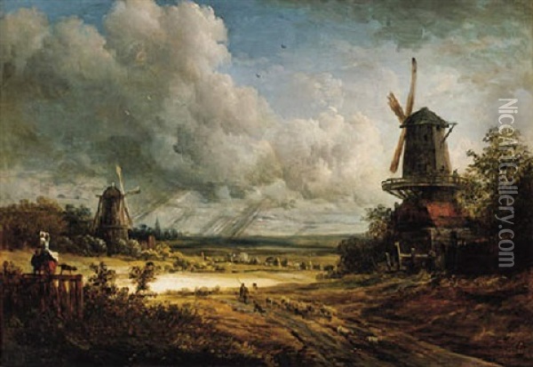 Windmills In A Stormy Landscape Oil Painting - Georges Michel