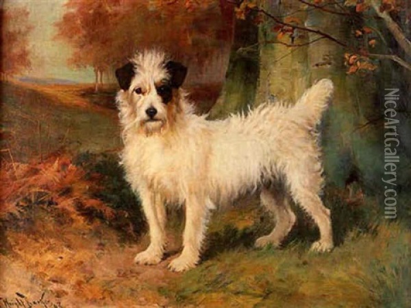 A Terrier In  Landscape Oil Painting - Wright Barker