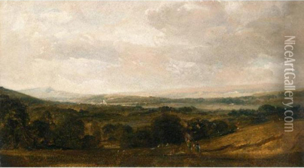View Across A Valley Towards A Village Oil Painting - Peter de Wint