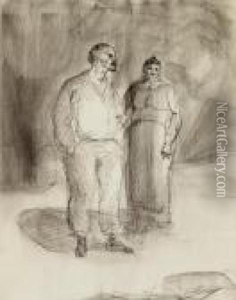 Stehendes Paar - Ruckseitig Stehender Mann Mit Hut Oil Painting - Johann Robert Schuerch