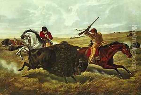 Life on the Prairie the Buffalo Hunt Oil Painting - Currier