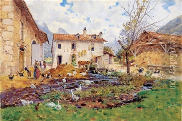 Am Bauernhof Oil Painting - Louis Marie Adrien Jourdeuil
