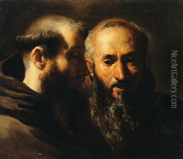 Two Head Studies Of Franciscan Saints Oil Painting - Domenico Feti