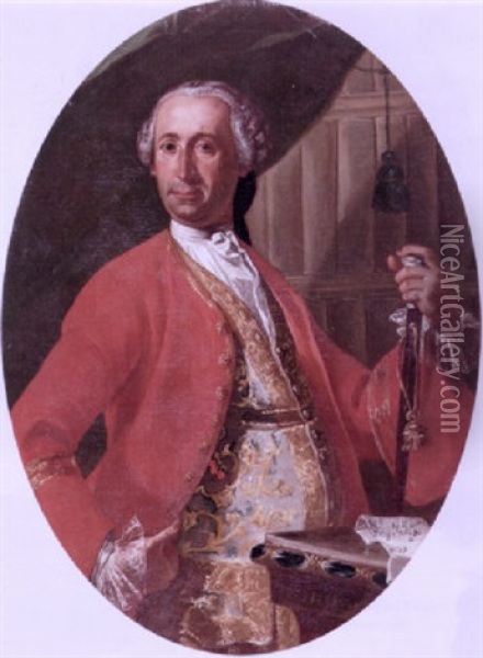 Portrait Of Signor Palma, Viceroy Of Naples Wearing A Red Jacket And An Embroidered Waistcoat, Holding A Cane Oil Painting - Giuseppe Bonito