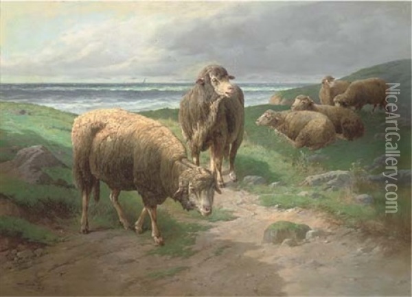 Sheep Grazing On The Cliffs Oil Painting - Jules Bahieu