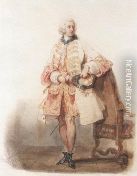 Standing Young Man Elegantly Dressed In An Eighteenth Century Fashion Oil Painting - Pierre Desire Eugene Franc Lamy