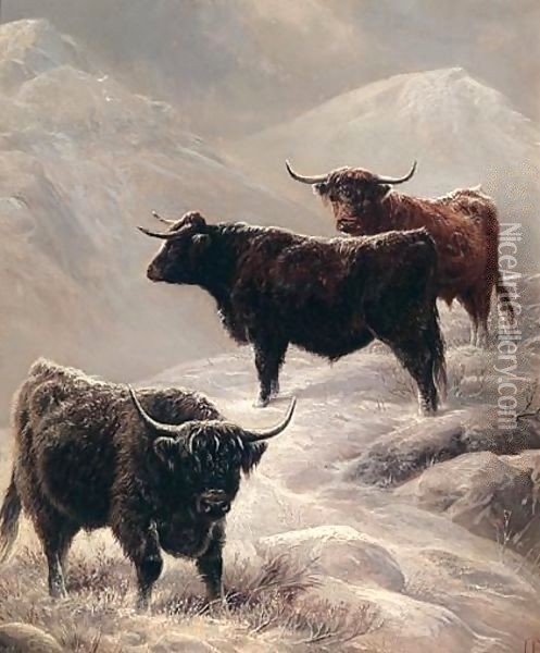 Highland cattle in a mountainous winter landscape Oil Painting - Charles Jones