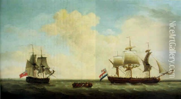 A Three Masted Barque And A Frigate In Open Seas Oil Painting - Francis Holman