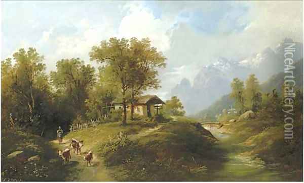 Drover in an Alpine landscape, Oberbayern Oil Painting - Eduard Boehm