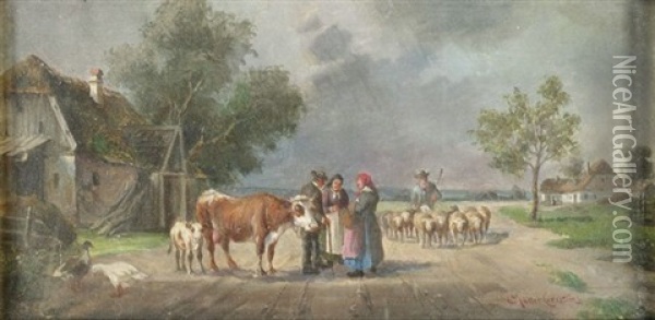 Bauern Im Gesprach Auf Einer Dorfstrasse Oil Painting - Ludwig Mueller-Cornelius
