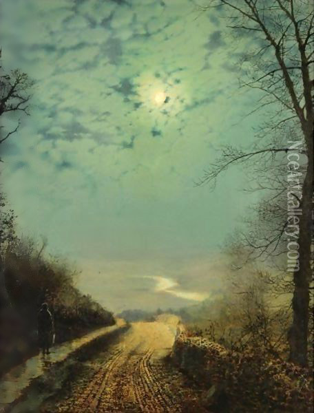 A Wet Road By Moonlight, Wharfedale Oil Painting - John Atkinson Grimshaw