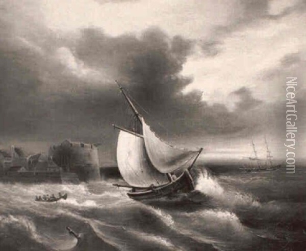 Un Bateau Dans Une Mer Forte Au Large D'une Cote Et D'un    Port Oil Painting - Theophil (Gottlieb) Gassen