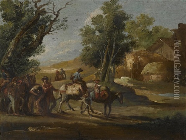 A Landscape With Travellers; A Landscape With Soldiers (a Pair) Oil Painting - Giuseppe Bernardino Bison
