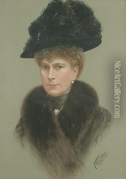 Portrait Bust Length Of Queen Mary, Wearing A Feathered Hat And A Coat With A Fur Collar Oil Painting - Cecil E.L. Cutler