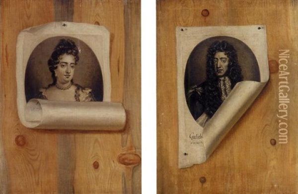 A Trompe L'oeil With Engraved Portrait Of William Pinned To A Board Oil Painting - Edward Collier