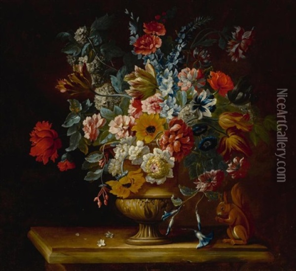 A Still Life With Flowers In A Footed Vase With A Squirrel On A Table Oil Painting - Jakob Bogdani