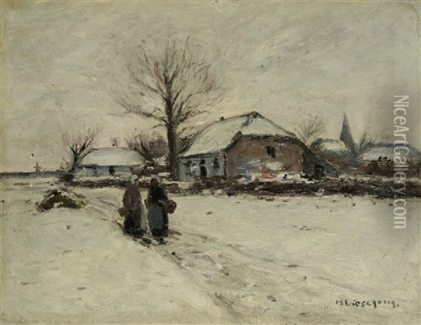 Zwei Bauerinnen In Winterlandschaft Oil Painting - Helmuth Liesegang