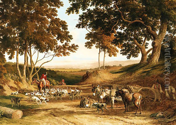 Huntsmen and Hounds on a Country Lane, with donkeys and labourers looking on Oil Painting - Robert Hills