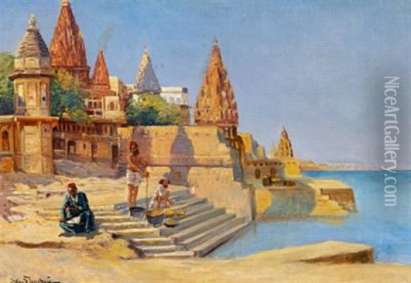 Riverside Temples In Varanasi, India Oil Painting - Holger Hvitfeldt Jerichau