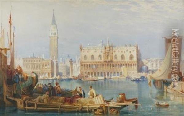 English, - The Bacino San Marco Andthe Doge's Palace, Venice, Circa 1825 Oil Painting - Samuel Prout